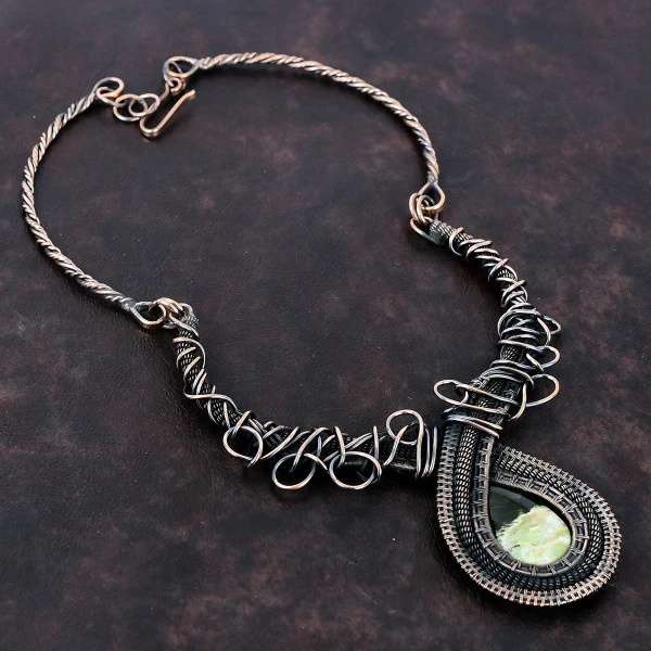 Australian Chrome Chalcedony Pear Green Handmade Copper Wire Wrapped Necklace