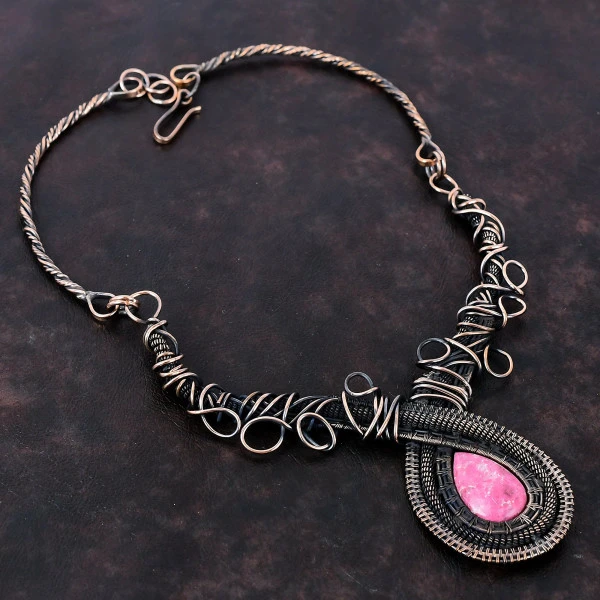 Thulite Pear Pink Handmade Copper Wire Wrapped Necklace