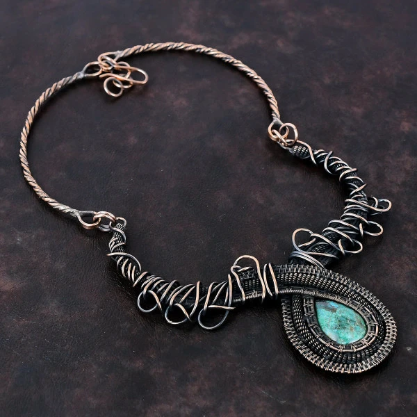 Shattuckite Pear Green Handmade Copper Wire Wrapped Necklace
