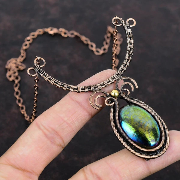Mystic Fire Labradorite Oval Blue Handmade Copper Wire Wrapped Necklace
