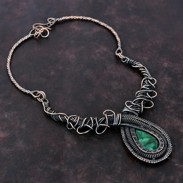 Zambian Emerald Pear Green Handmade Copper Wire Wrapped Necklace