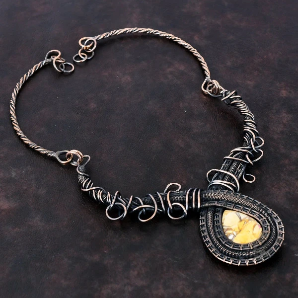 Brecciated Mookaite Pear Yellow Handmade Copper Wire Wrapped Necklace