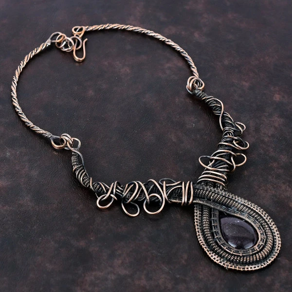 Dinosaur Bone Pear Black Handmade Copper Wire Wrapped Necklace