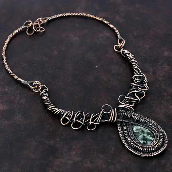 Seraphinite Pear Green Handmade Copper Wire Wrapped Necklace