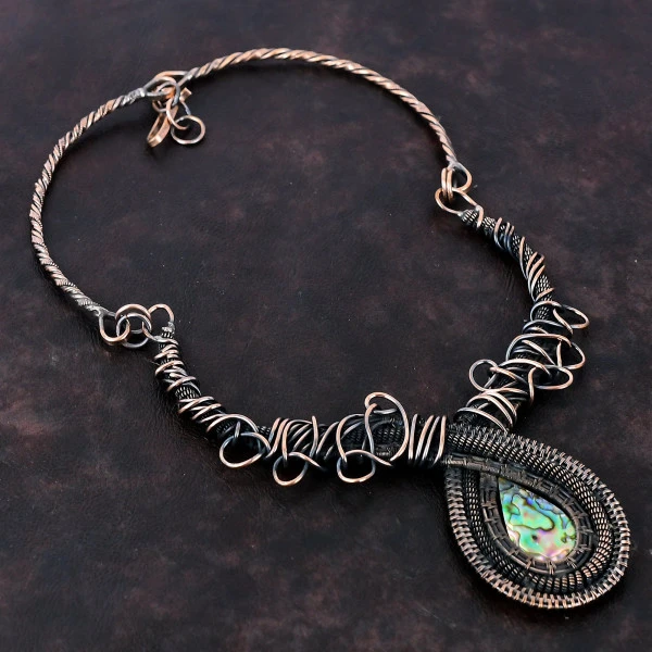 Abalone Shell Pear Green Handmade Copper Wire Wrapped Necklace