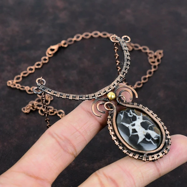 Moroccan Mud Crack Fossil Oval Black Handmade Copper Wire Wrapped Necklace