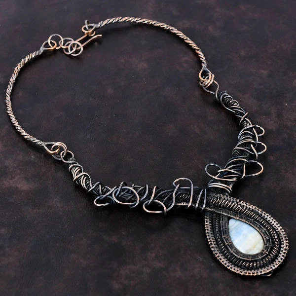 Blue Scheelite Pear Blue Handmade Copper Wire Wrapped Necklace