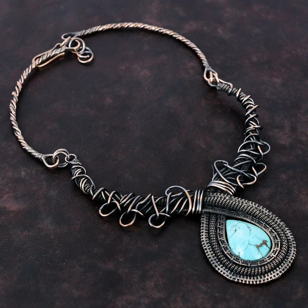 Tibetan Turquoise Pear Green Handmade Copper Wire Wrapped Necklace