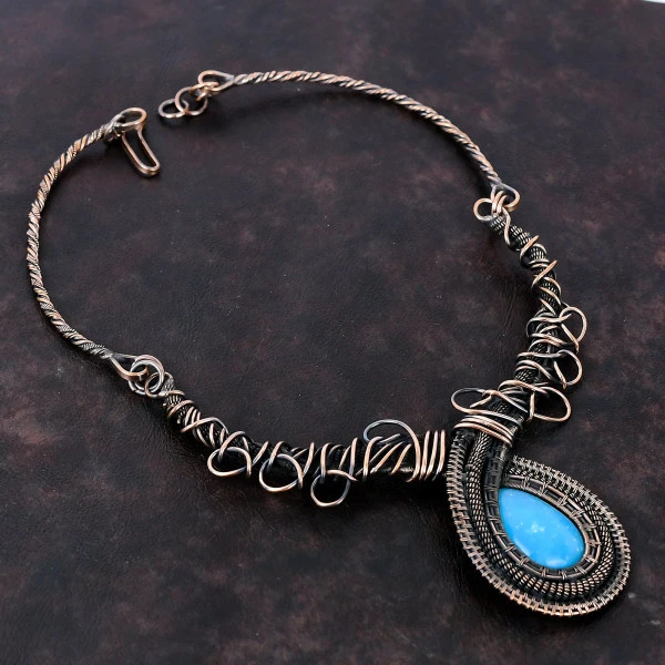 Smithsonite Pear Blue Handmade Copper Wire Wrapped Necklace