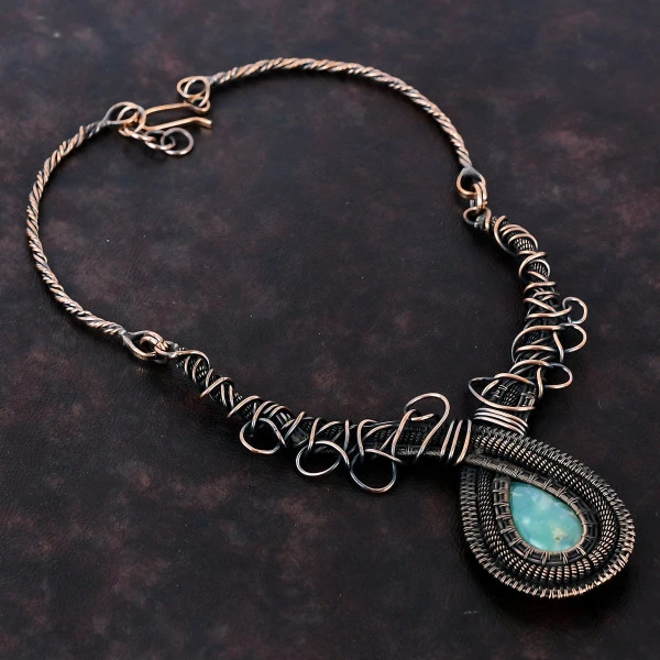 Chrysoprase Pear Green Handmade Copper Wire Wrapped Necklace