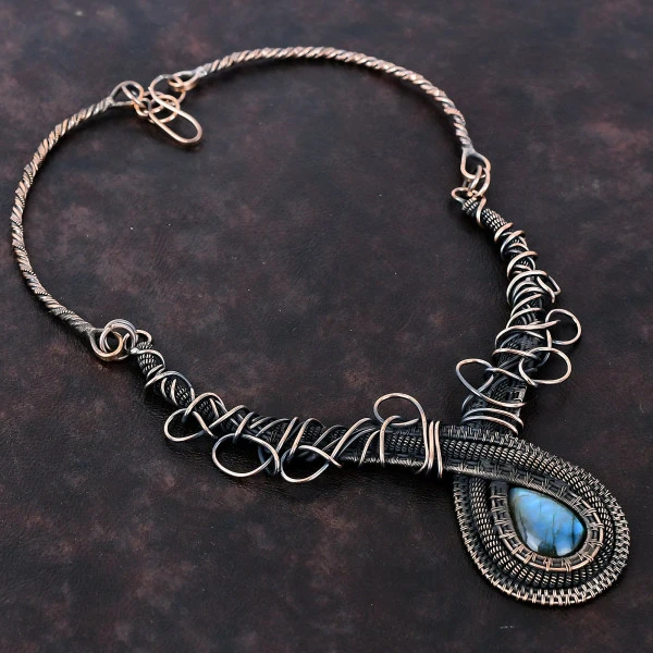Labradorite Pear Gray Handmade Copper Wire Wrapped Necklace