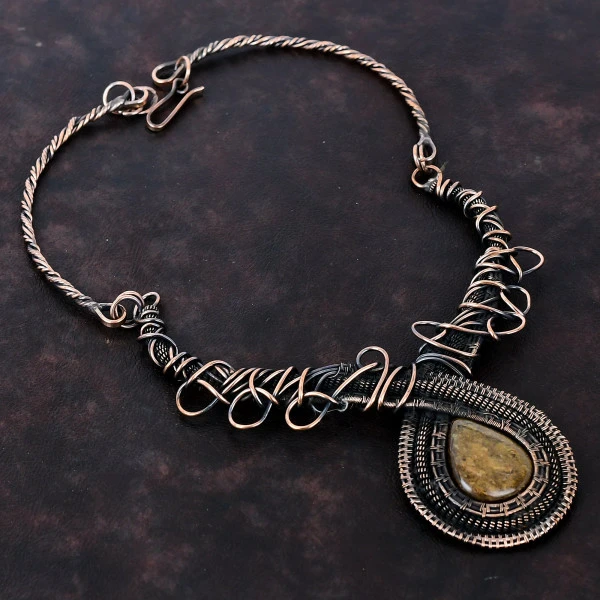 Bronzite Pear Brown Handmade Copper Wire Wrapped Necklace