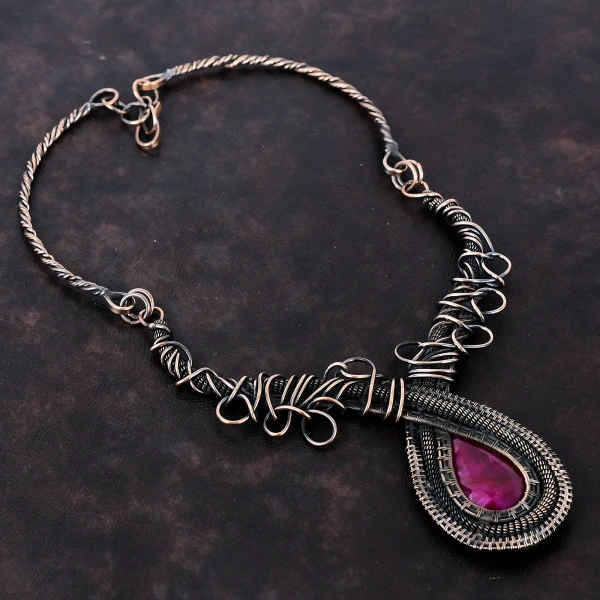 Kashmir Ruby Pear Red Handmade Copper Wire Wrapped Necklace