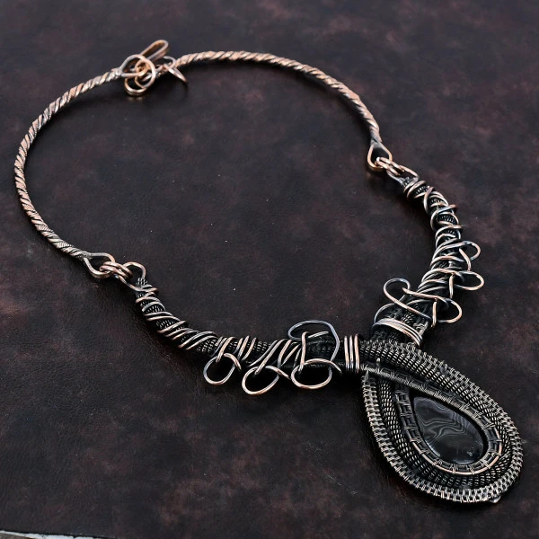 Psilomelane Pear Black Handmade Copper Wire Wrapped Necklace
