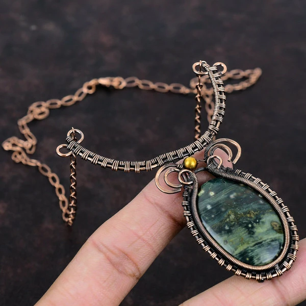 Ocean Jasper Oval Green Handmade Copper Wire Wrapped Necklace