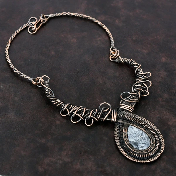 Pinolith Jasper Pear Gray Handmade Copper Wire Wrapped Necklace
