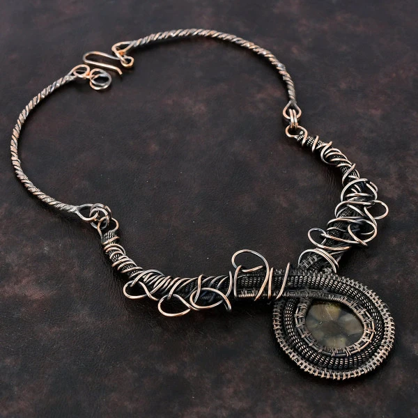 Chiastolite Round Brown Handmade Copper Wire Wrapped Necklace