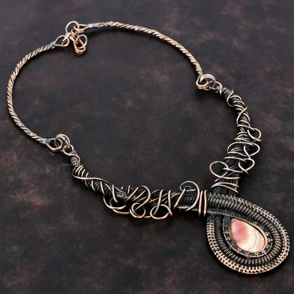 Rhodochrosite Pear Pink Handmade Copper Wire Wrapped Necklace