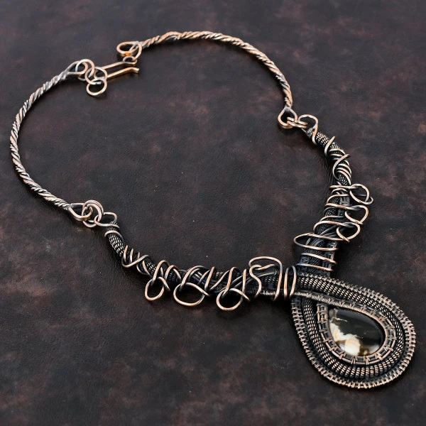 Peanut Wood Jasper Pear Brown Handmade Copper Wire Wrapped Necklace