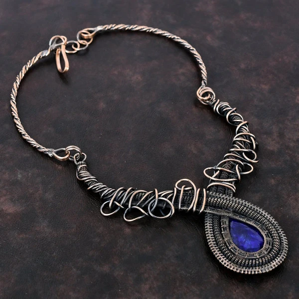 Blue Sapphire Pear Blue Handmade Copper Wire Wrapped Necklace