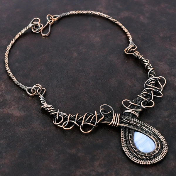 Blue Lace Agate Pear Blue Handmade Copper Wire Wrapped Necklace