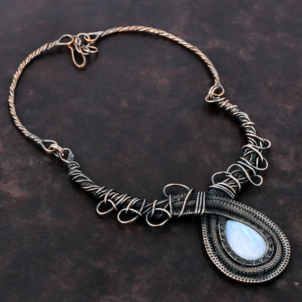 Rainbow Moonstone Pear White Handmade Copper Wire Wrapped Necklace