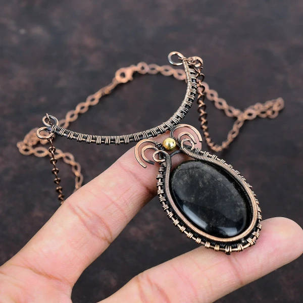 Silver Sheen Obsidian Oval Black Handmade Copper Wire Wrapped Necklace