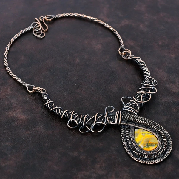 Bumble Bee Jasper Pear Yellow Handmade Copper Wire Wrapped Necklace