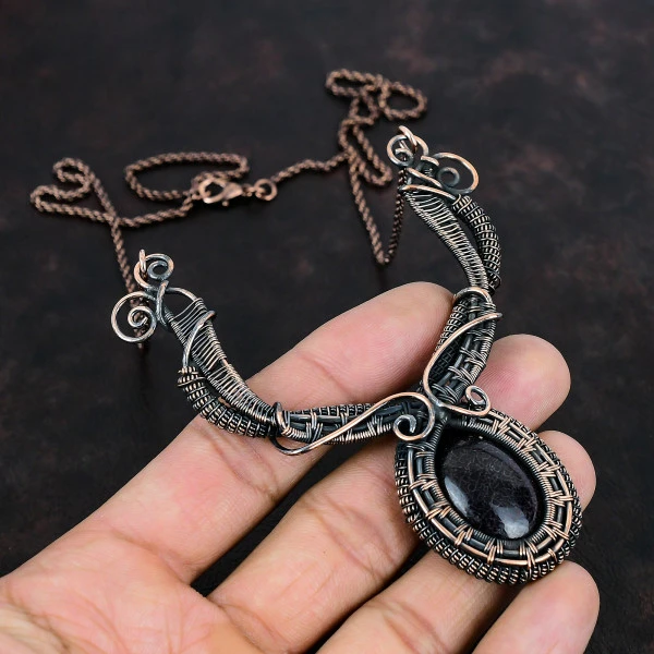 Dinosaur Bone Oval Black Handmade Copper Wire Wrapped Necklace