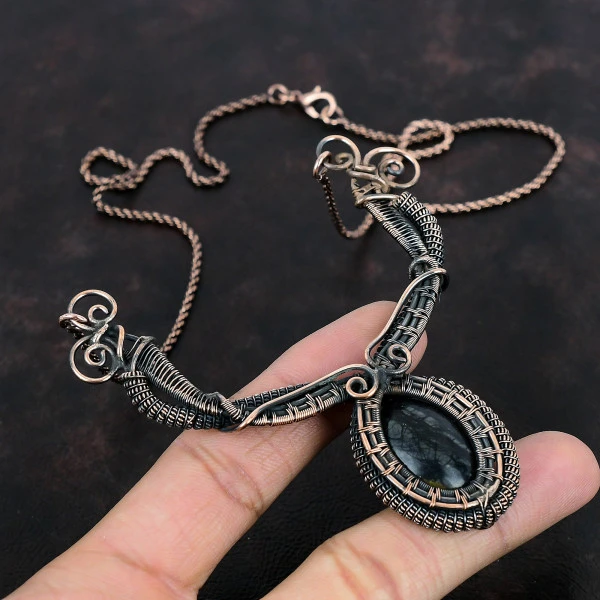 Picasso Jasper Oval Black Handmade Copper Wire Wrapped Necklace