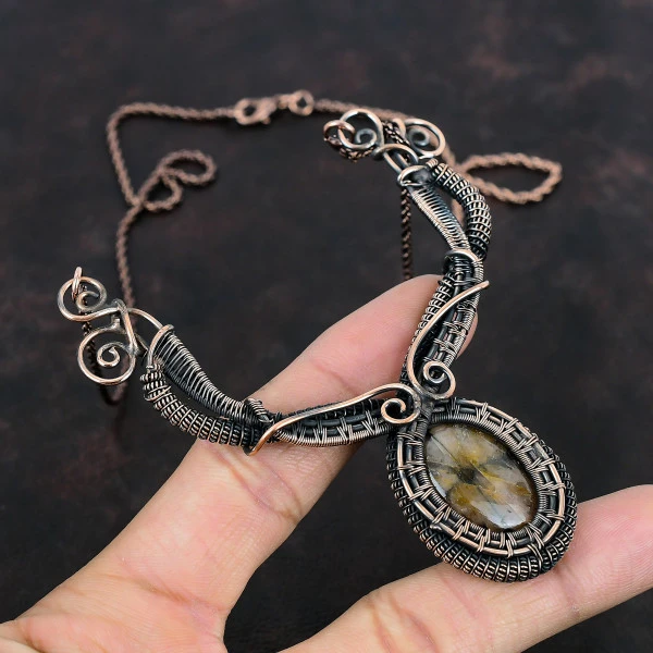 Chiastolite Oval Brown Handmade Copper Wire Wrapped Necklace