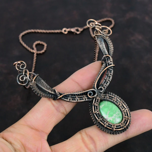 Variscite Oval Green Handmade Copper Wire Wrapped Necklace