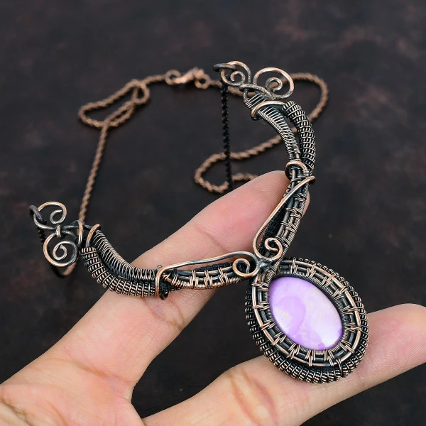Phosphosiderite Oval Purple Handmade Copper Wire Wrapped Necklace