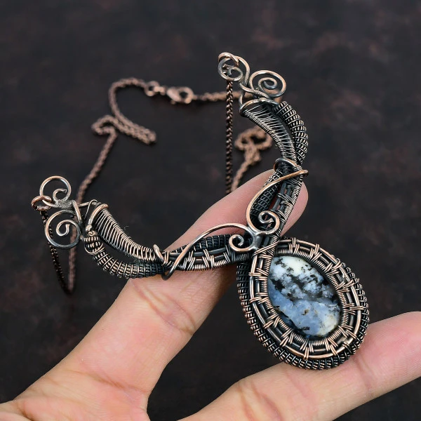 Dendrite Opal Oval Black Handmade Copper Wire Wrapped Necklace