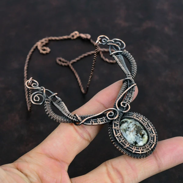 Astrophyllite Oval White Handmade Copper Wire Wrapped Necklace