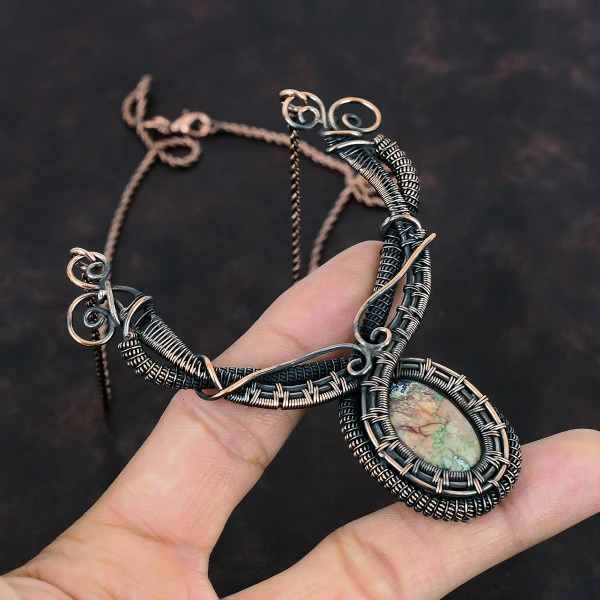 Azurite Malachite Oval Green Handmade Copper Wire Wrapped Necklace