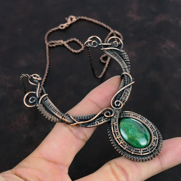 Cuprite Chrysocolla Oval Green Handmade Copper Wire Wrapped Necklace