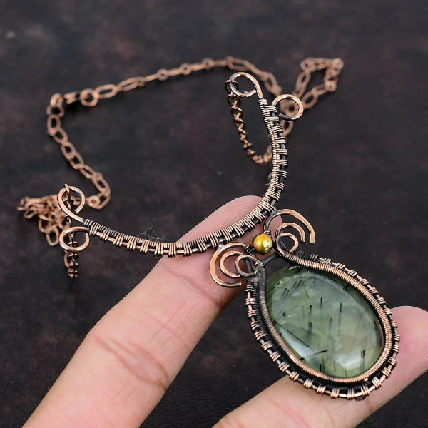 Moss Prehnite Oval Green Handmade Copper Wire Wrapped Necklace