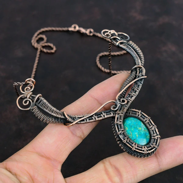 Chrysocolla Oval Blue Handmade Copper Wire Wrapped Necklace