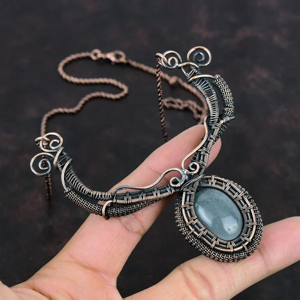Aquamarine Oval Blue Handmade Copper Wire Wrapped Necklace