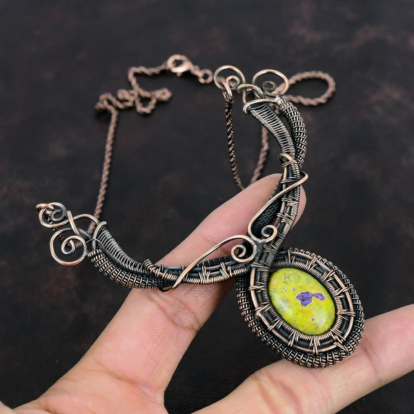 Stichtite Oval Green Handmade Copper Wire Wrapped Necklace