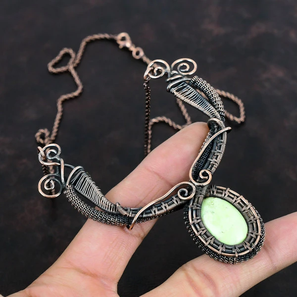 Lemon Chrysoprase Oval Green Handmade Copper Wire Wrapped Necklace
