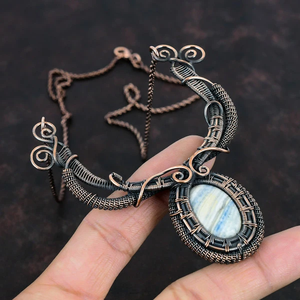 Blue Scheelite Oval Blue Handmade Copper Wire Wrapped Necklace