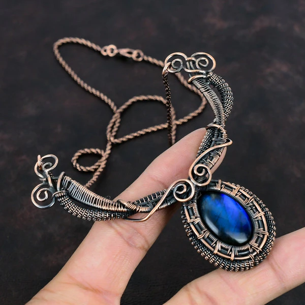 Labradorite Oval Blue Handmade Copper Wire Wrapped Necklace