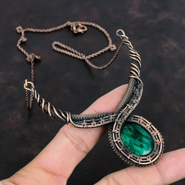Zambian Emerald Oval Green Handmade Copper Wire Wrapped Necklace