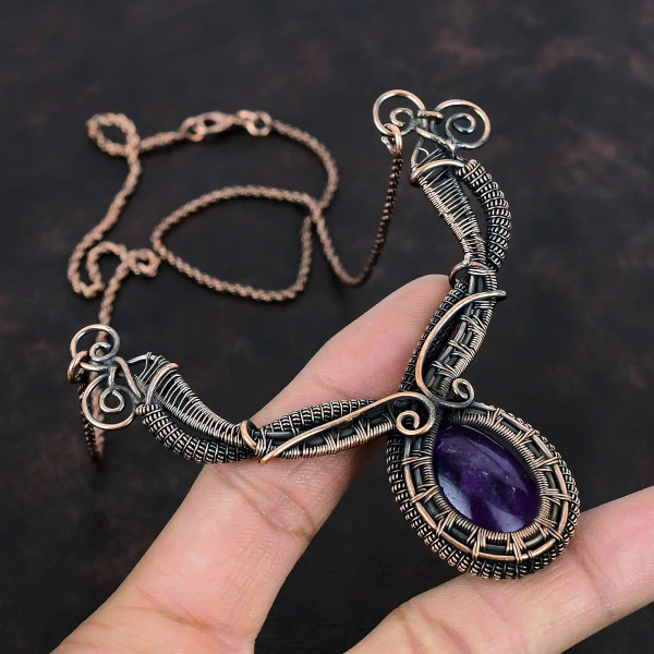 Star Amethyst Oval Purple Handmade Copper Wire Wrapped Necklace