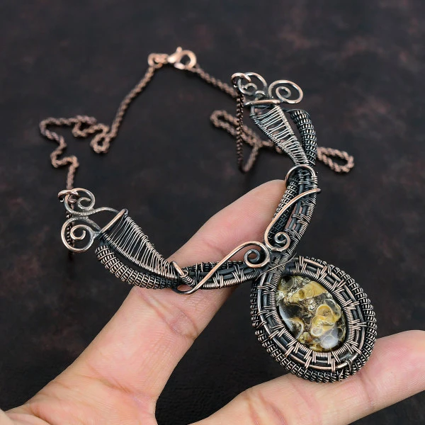 Turritella Agate Oval Brown Handmade Copper Wire Wrapped Necklace
