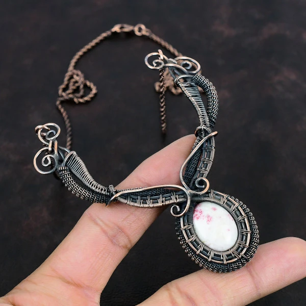 Cinnabar Oval White Handmade Copper Wire Wrapped Necklace