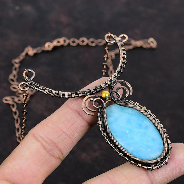 Hemimorphite Oval Blue Handmade Copper Wire Wrapped Necklace