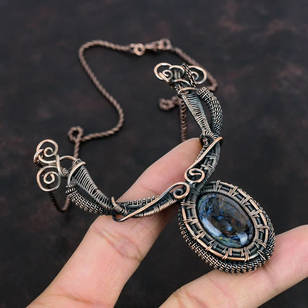 Pietersite Oval Blue Handmade Copper Wire Wrapped Necklace